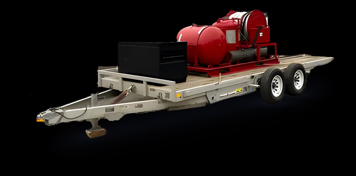 Red fire suppression skid with a horizontal tank and hose reel, loaded on a flatbed tandem-axle trailer.