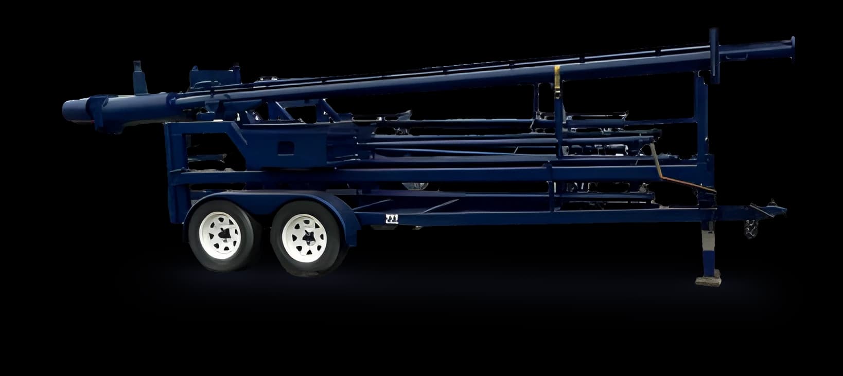 Blue tandem-axle flare trailer with the flare stack folded along the top for transport.
